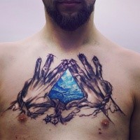 Spectacular looking colored chest tattoo of roped hands with blue gem