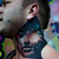 Spectacular looking colored neck tattoo of woman portrait stylized with space