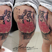 Spectacular looking colored thigh tattoo of woman with cross and flower dress