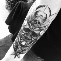Spectacular looking stippling style black ink samurai mask tattoo on forearm