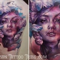 Spectacular multicolored abstract style thigh tattoo of woman with butterflies