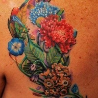 Spektakuläre mehrfarbige detaillierte Wildblumen Tattoo am Rücken