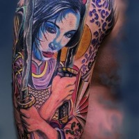 Spectacular multicolored shoulder tattoo of Asian woman warrior