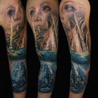 Spectacular multicolored sleeve tattoo of beautiful waterfall with underwater city and woman face