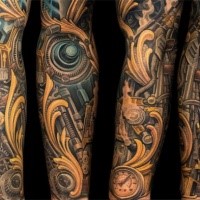 Spectacular multicolored sleeve tattoo of various mechanisms