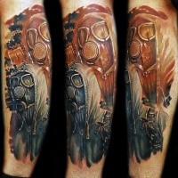 Spectacular new school style colored leg tattoo of man with gas mask