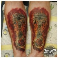 Spectacular realism style colored forearm tattoo of burning piston