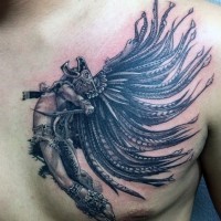 Spectacular very detailed black and white chest tattoo of tribal warrior