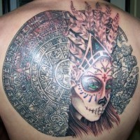 Spectacular very detailed bloody Mayan tablet tattoo on back combined with tribal woman portrait