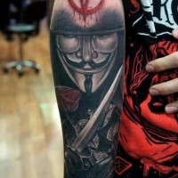 Spectacular very detailed forearm tattoo of Vendetta hero with emblem