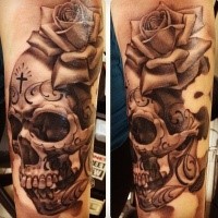 Spectacular very detailed realism style black and white arm tattoo fo human skull and beautiful rose flower