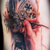 Spectacular watercolor style colored tattoo of medieval cathedral picture