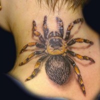 Spider with yellow legs tattoo on neck