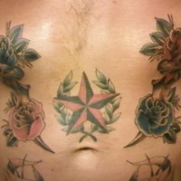 Star and colorful roses tattoo on belly
