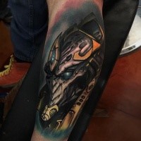 Star Craft themed colored leg tattoo of Protoss warrior