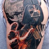 Star Wars hero Darth Vader straching giant hand with space background colored tattoo on man's shoulder