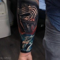 Star Wars themed colored arm tattoo of new Sith with big Star ship