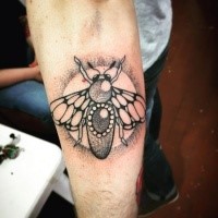 Stippling style beautiful looking forearm tattoo of bee with jewelry