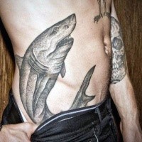 Stippling style big black ink side tattoo of shark