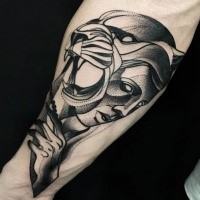 Stippling style black ink arm tattoo of woman face with lion face
