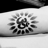 Stippling style black ink arm tattoo of Hinduism symbol