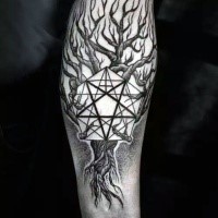 Stippling style black ink arm tattoo of mystical tree with star