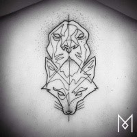 Stippling style black ink back tattoo fo fox and lion heads