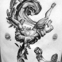 Stippling style black ink chest and belly tattoo of falling Icarus