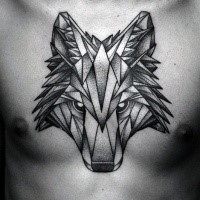 Stippling style black ink chest tattoo of wolf head