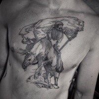Stippling style black ink chest tattoo of demonic horse with skeleton