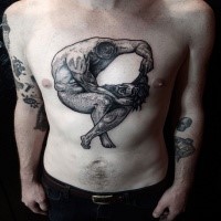 Stippling style black ink chest tattoo of man without head
