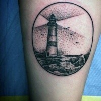 Stippling style black ink circle shaped arm tattoo of light house with birds