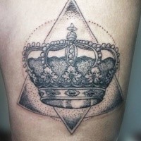 Stippling style black ink crown tattoo with various figures