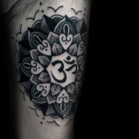 Stippling style black ink flower tattoo stylized with Hinduism symbol