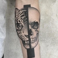 Stippling style black ink forearm tattoo of half human half tiger skull