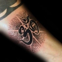 Stippling style black ink forearm tattoo of Hinduism symbol
