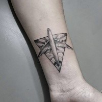 Stippling style black ink forearm tattoo of big flying plane with triangle