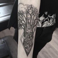 Stippling style black ink forearm tattoo of mystic tree stylized with human skulls