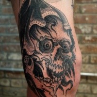 Stippling style black ink leg tattoo of creep skeleton