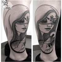 Stippling style black ink leg tattoo of creepy woman with hood
