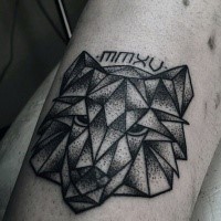 Stippling style black ink leg tattoo of wolf head with lettering