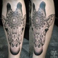 Stippling style black ink leg tattoo of giraffe with ornamental flower