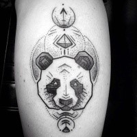 Stippling style black ink leg tattoo of panda bear with symbols