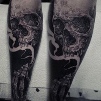 Stippling style black ink leg tattoo of human skeleton with fog