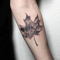 Stippling style black ink maple leaf shaped forearm tattoo stylized with mountain forest