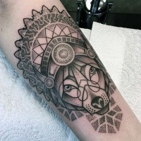 Stippling style black ink tattoo of fantasy wolf with helmet