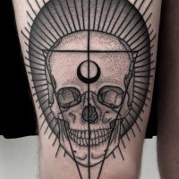Stippling style black ink tattoo of human skull with symbols