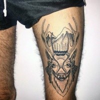 Stippling style black ink thigh tattoo of deer with mountains