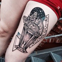 Stippling style black ink thigh tattoo of old lighter with butterfly
