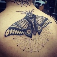 Stippling style black ink upper back tattoo of butterfly